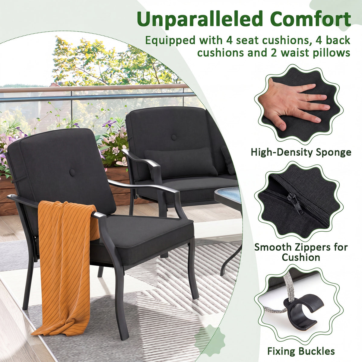 2 Pieces Patio Metal Chairs with Seat and Back Cushions for Yard-Black