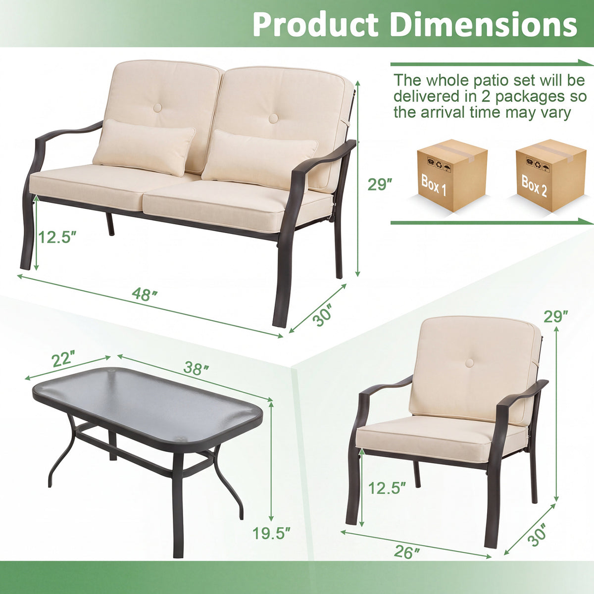2 Pieces Patio Metal Chairs with Seat and Back Cushions for Yard-Beige