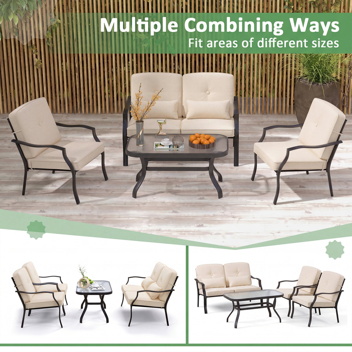 2 Pieces Patio Metal Chairs with Seat and Back Cushions for Yard-Beige