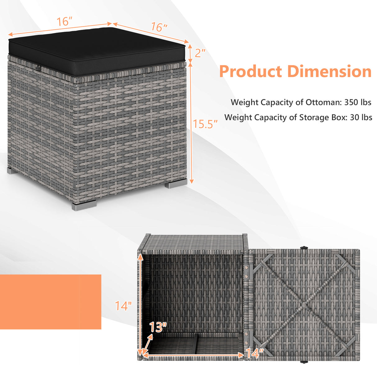 2 Pieces Patio Ottoman with Hidden Storage Space-Mix Grey-black