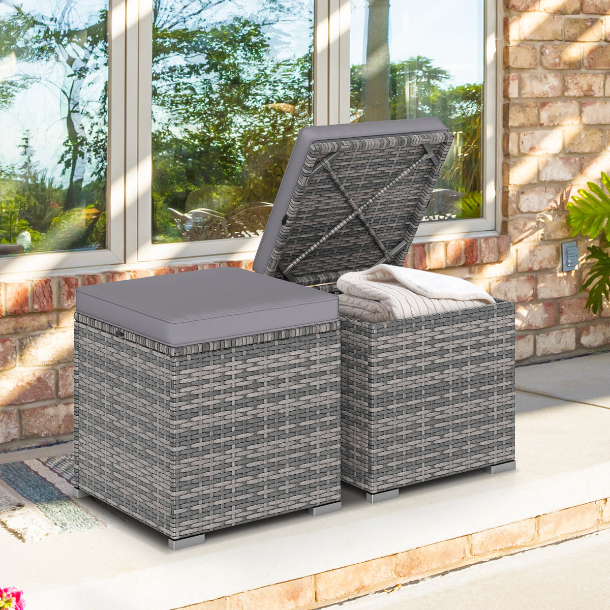2 Pieces Patio Ottoman with Hidden Storage Space-Mix Grey-grey