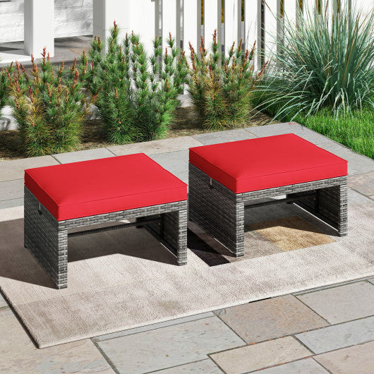 2 Pieces Patio PE Rattan Ottomans with Soft Zippered Cushions for Deck-Red