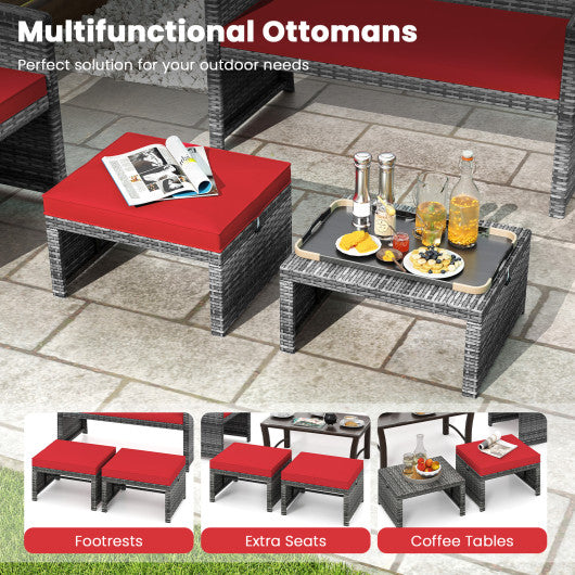 2 Pieces Patio PE Rattan Ottomans with Soft Zippered Cushions for Deck-Red