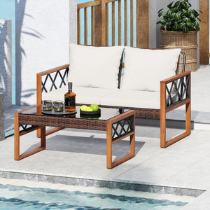 2 Pieces Patio PE Wicker Furniture Set Outside Conversation Set for Porch-White