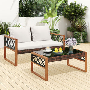 2 Pieces Patio PE Wicker Furniture Set Outside Conversation Set for Porch-White