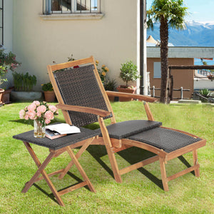 3 Pieces Patio Rattan Folding Lounge Chair Set of 2 with Acacia Wood Table