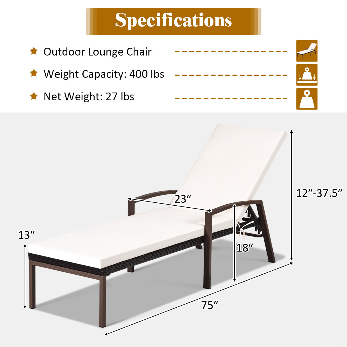 2 Pieces Patio Rattan Adjustable Back Lounge Chair with Armrest and Removable Cushions-White