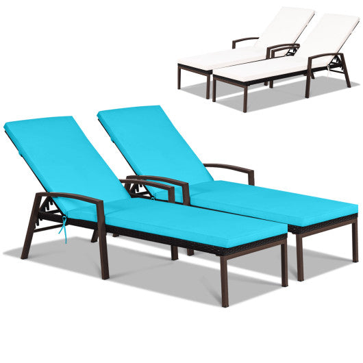 2 Pieces Patio Rattan Reclining Chaise Lounge Chair with Cushion and Armrest-Turquoise and White