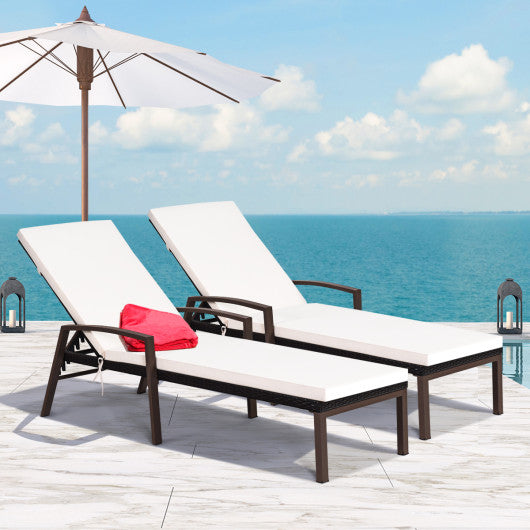2 Pieces Patio Rattan Reclining Chaise Lounge Chair with Cushion and Armrest-Turquoise and White