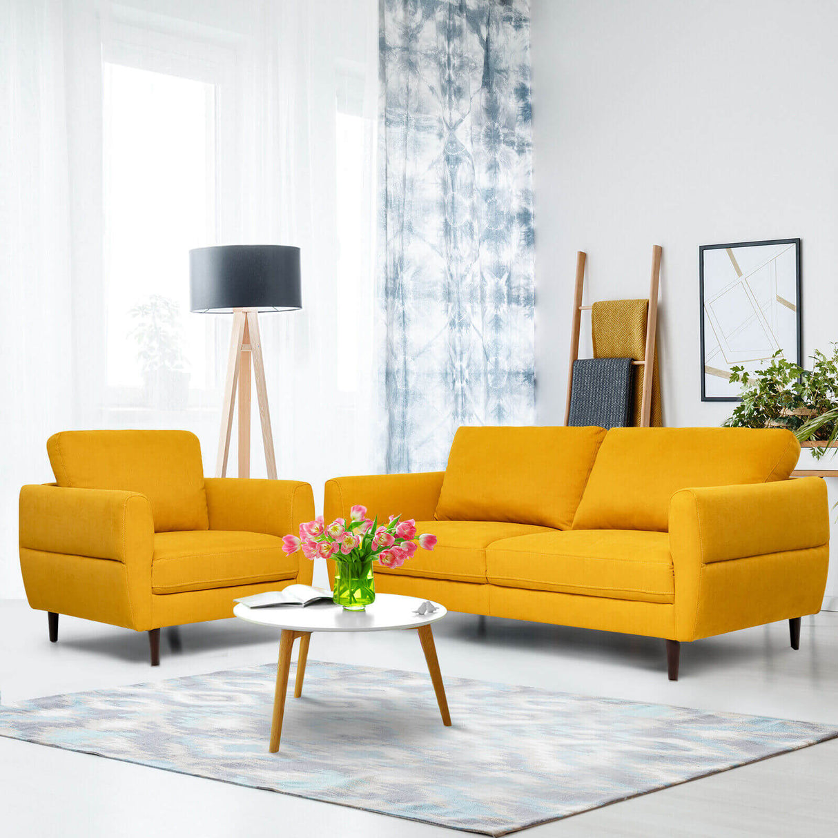2 Pieces Upholstered Sofa Set with Removable Cushion Covers-Navy