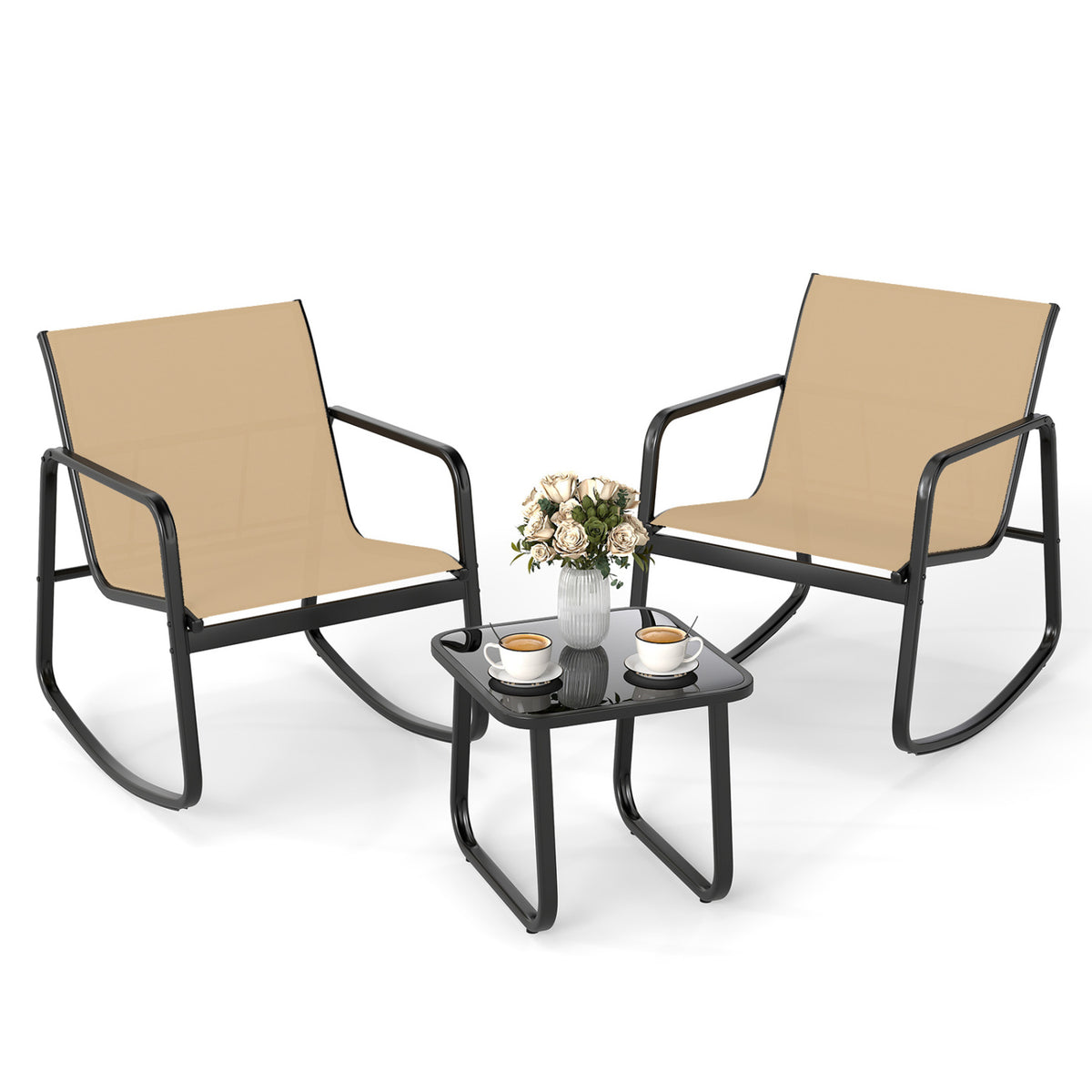 2 Rocking Bistro Chairs and Glass-Top Table for Porch Yard Balcony-Brown