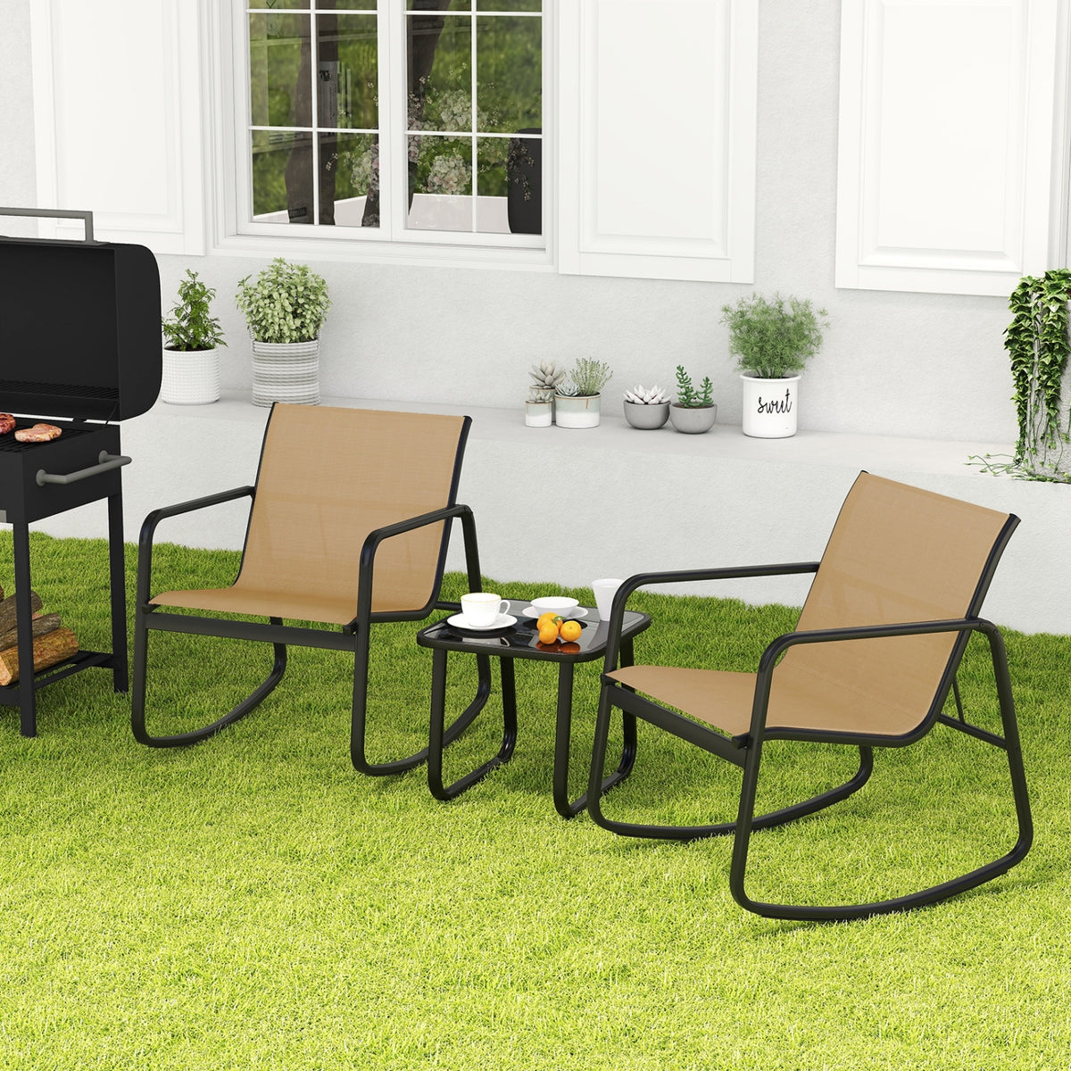 2 Rocking Bistro Chairs and Glass-Top Table for Porch Yard Balcony-Brown