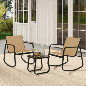 2 Rocking Bistro Chairs and Glass-Top Table for Porch Yard Balcony-Brown