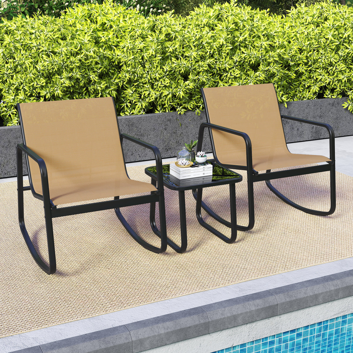 2 Rocking Bistro Chairs and Glass-Top Table for Porch Yard Balcony-Brown