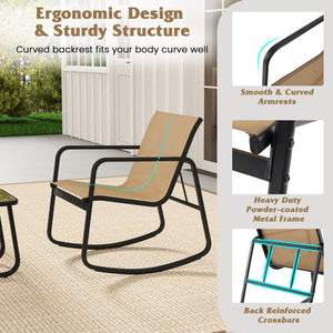 2 Rocking Bistro Chairs and Glass-Top Table for Porch Yard Balcony-Brown