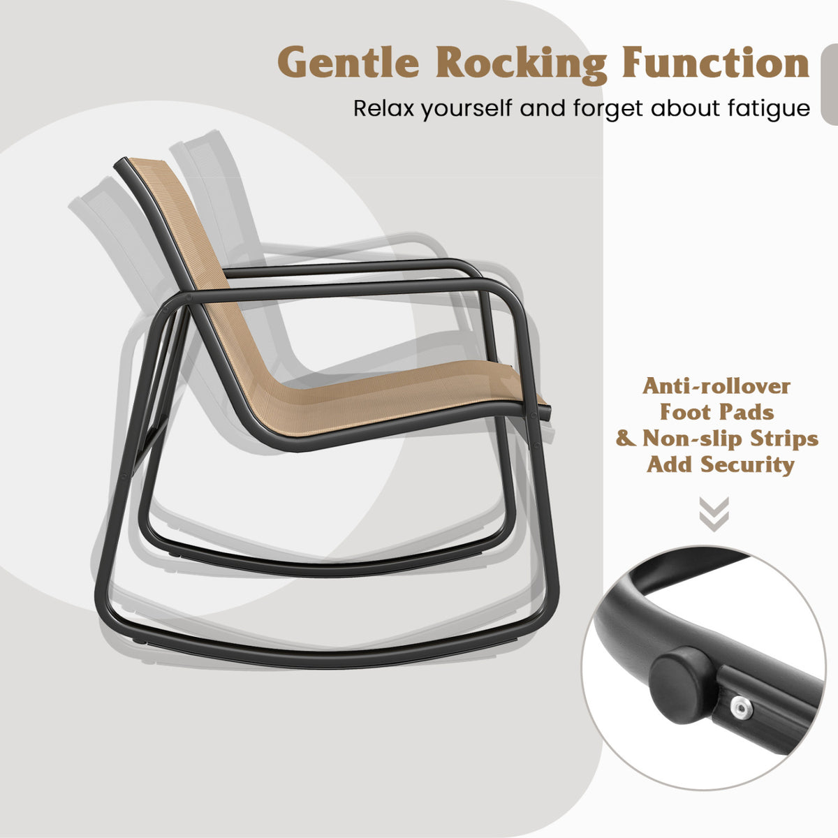 2 Rocking Bistro Chairs and Glass-Top Table for Porch Yard Balcony-Brown