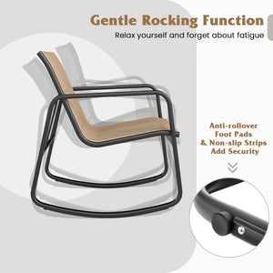 2 Rocking Bistro Chairs and Glass-Top Table for Porch Yard Balcony-Brown
