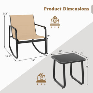 2 Rocking Bistro Chairs and Glass-Top Table for Porch Yard Balcony-Brown