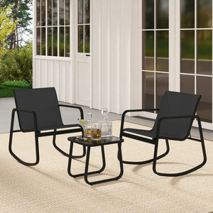 2 Rocking Bistro Chairs and Glass-Top Table for Porch Yard Balcony-Black