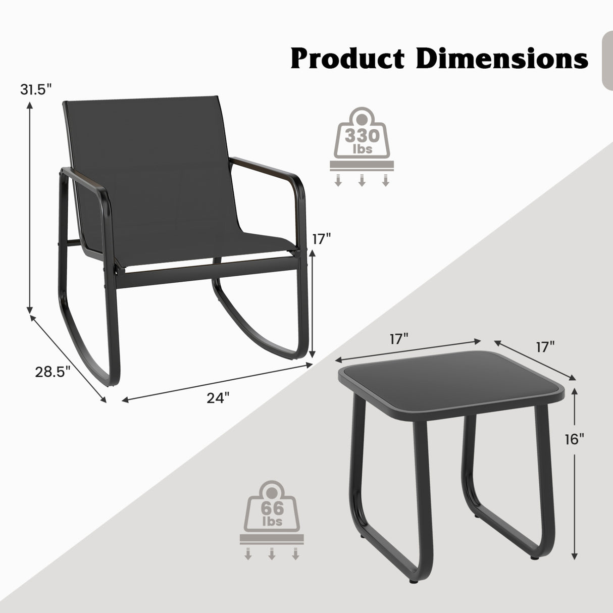2 Rocking Bistro Chairs and Glass-Top Table for Porch Yard Balcony-Black
