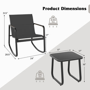2 Rocking Bistro Chairs and Glass-Top Table for Porch Yard Balcony-Black