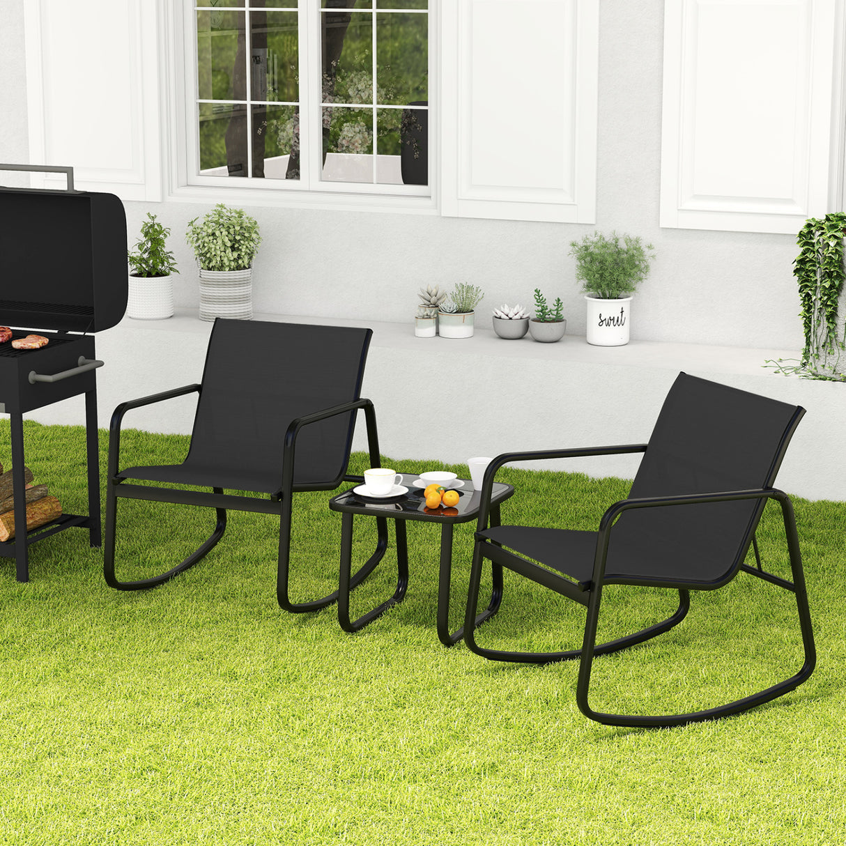 2 Rocking Bistro Chairs and Glass-Top Table for Porch Yard Balcony-Black