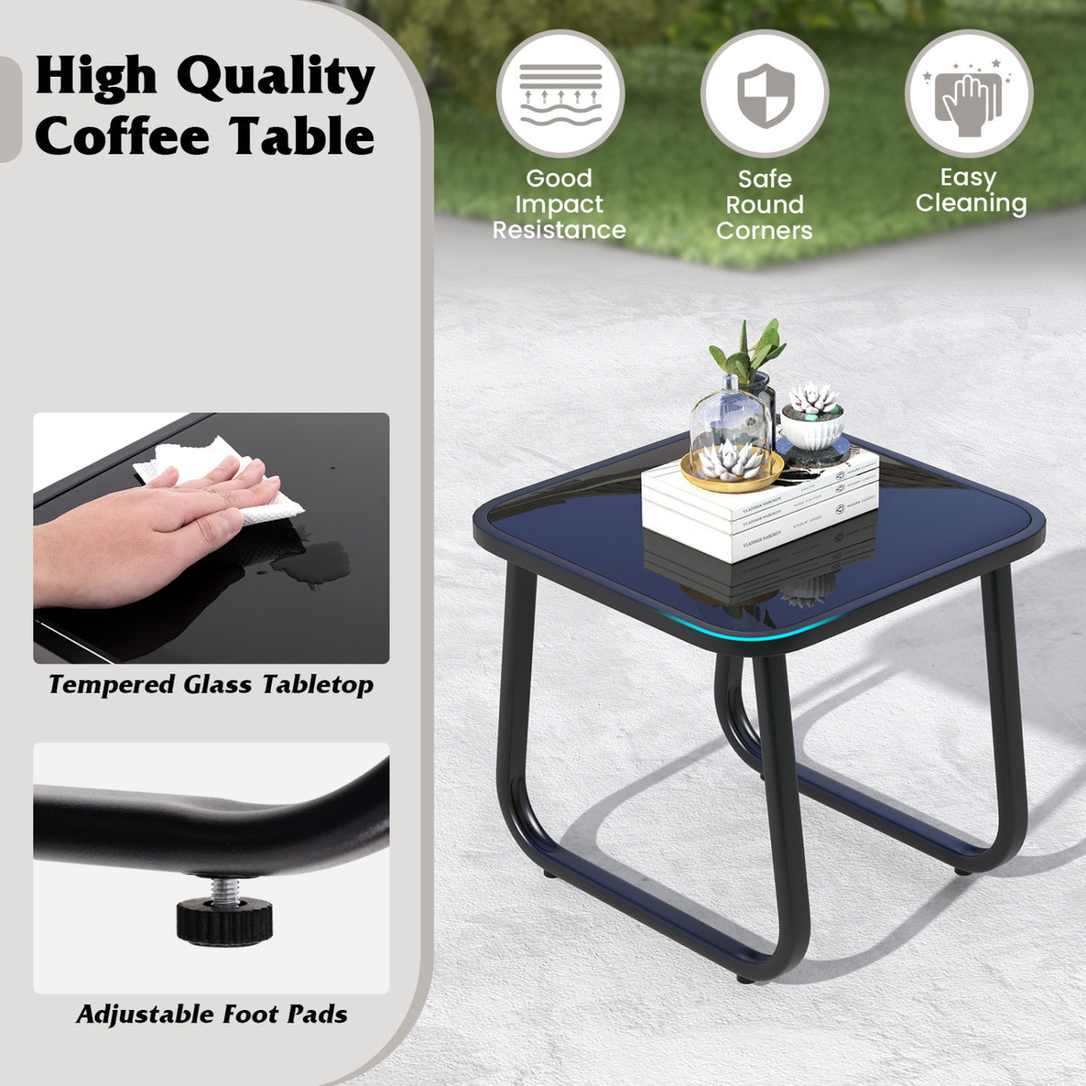 2 Rocking Bistro Chairs and Glass-Top Table for Porch Yard Balcony-Black