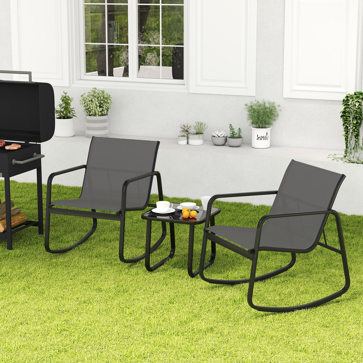 2 Rocking Bistro Chairs and Glass-Top Table for Porch Yard Balcony-Gray