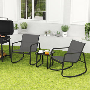 2 Rocking Bistro Chairs and Glass-Top Table for Porch Yard Balcony-Gray