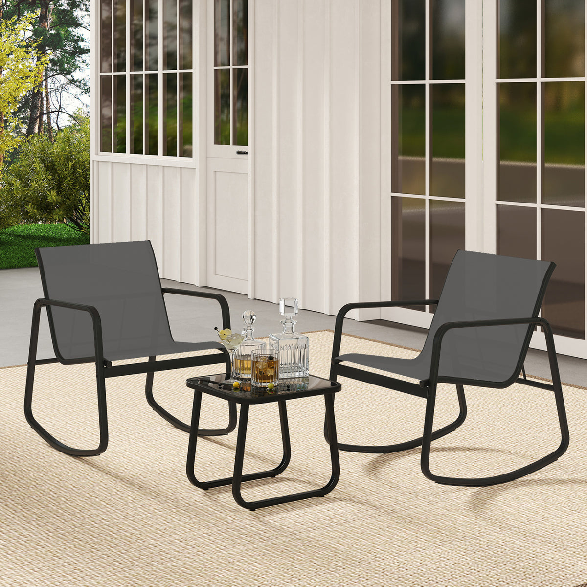 2 Rocking Bistro Chairs and Glass-Top Table for Porch Yard Balcony-Gray