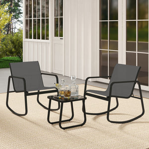2 Rocking Bistro Chairs and Glass-Top Table for Porch Yard Balcony-Gray