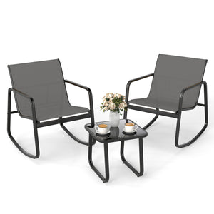 2 Rocking Bistro Chairs and Glass-Top Table for Porch Yard Balcony-Gray