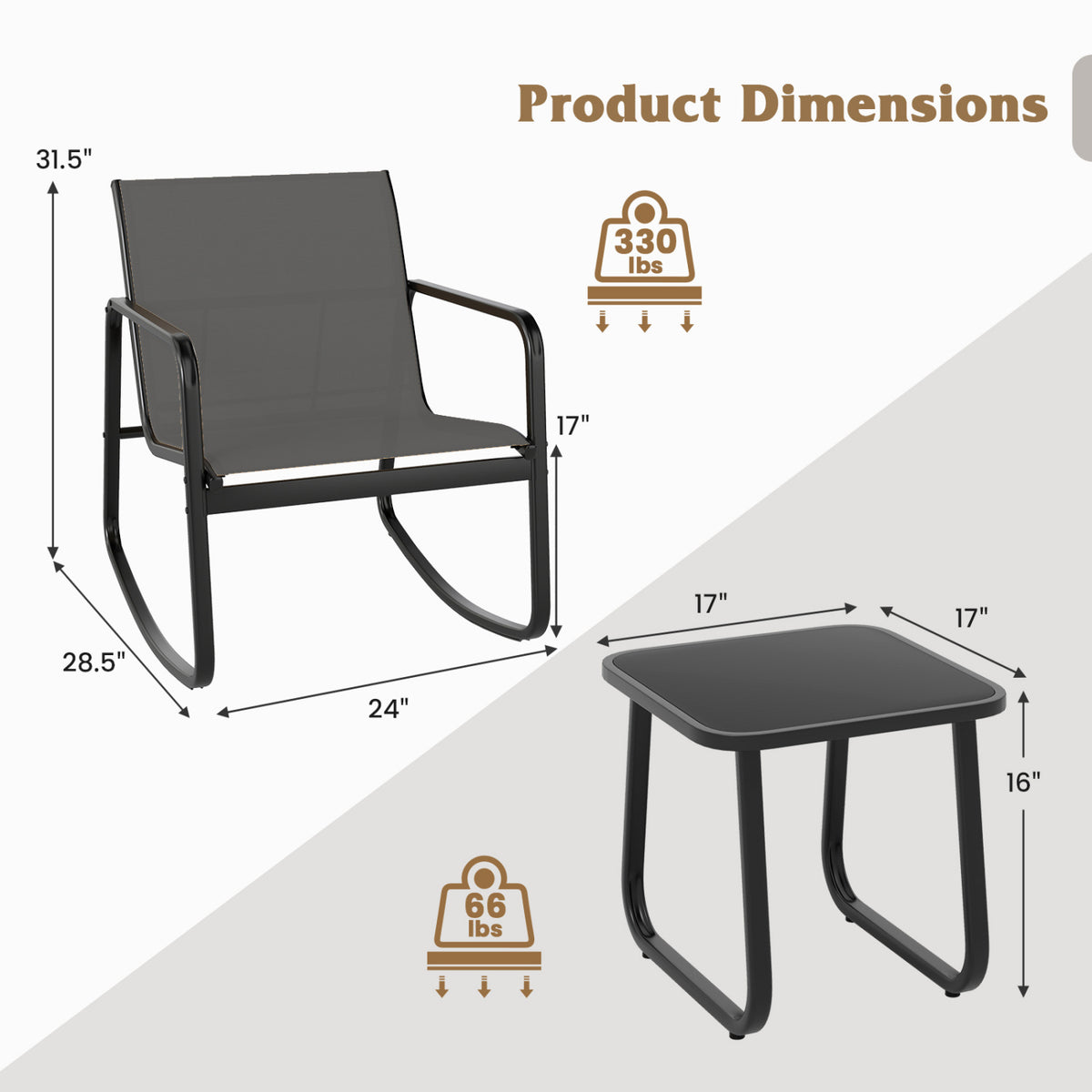 2 Rocking Bistro Chairs and Glass-Top Table for Porch Yard Balcony-Gray