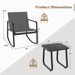 2 Rocking Bistro Chairs and Glass-Top Table for Porch Yard Balcony-Gray