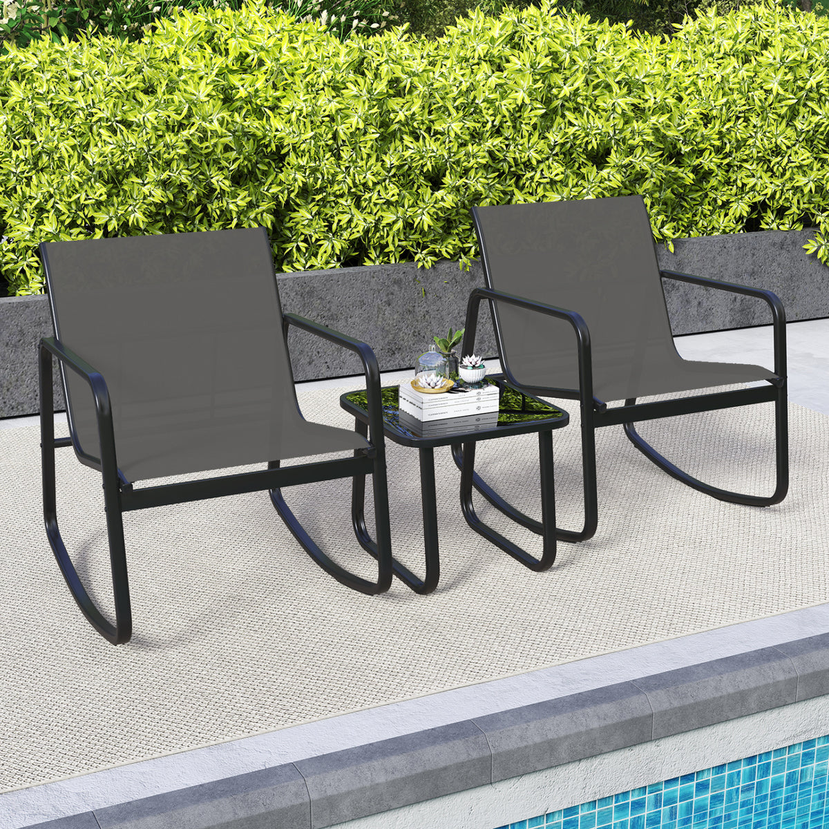 2 Rocking Bistro Chairs and Glass-Top Table for Porch Yard Balcony-Gray