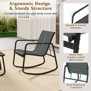 2 Rocking Bistro Chairs and Glass-Top Table for Porch Yard Balcony-Gray