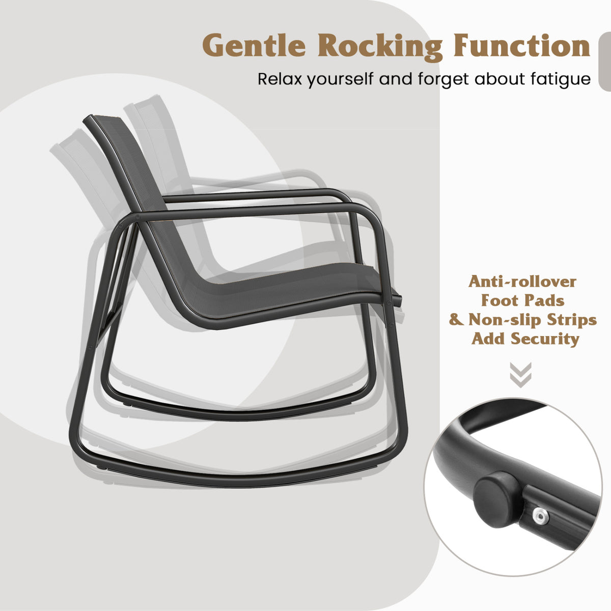 2 Rocking Bistro Chairs and Glass-Top Table for Porch Yard Balcony-Gray
