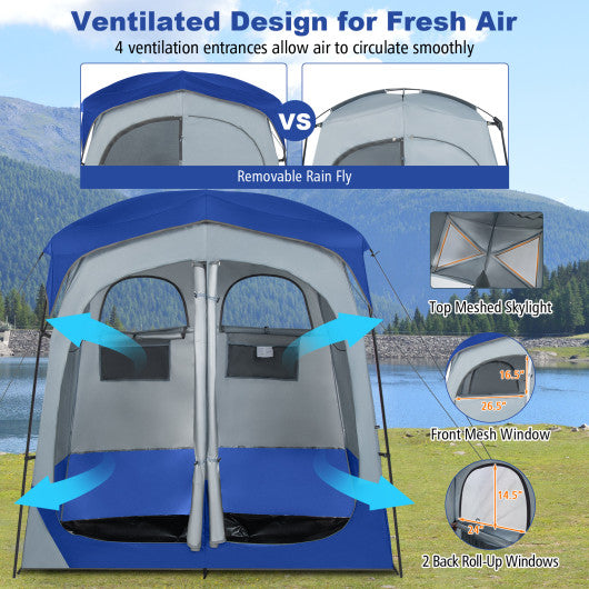 2 Rooms Oversize Privacy Shower Tent with Removable Rain Fly and Inside Pocket-Blue