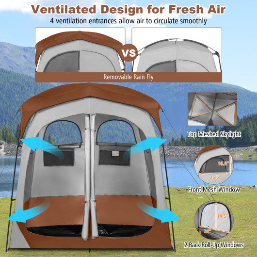 2 Rooms Oversize Privacy Shower Tent with Removable Rain Fly and Inside Pocket-Brown