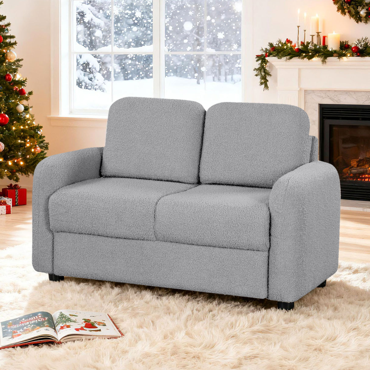 2-Seat Kids Sofa Toddler Sofa Couch with Soft Teddy Fleece Upholstery and Solid Wooden Frame-Gray