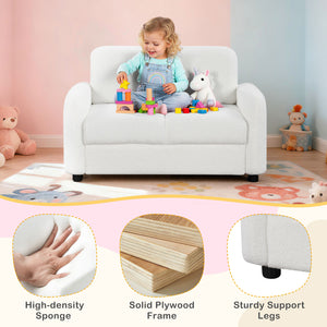 2-Seat Kids Sofa Toddler Sofa Couch with Soft Teddy Fleece Upholstery and Solid Wooden Frame-White
