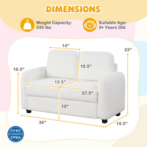 2-Seat Kids Sofa Toddler Sofa Couch with Soft Teddy Fleece Upholstery and Solid Wooden Frame-White