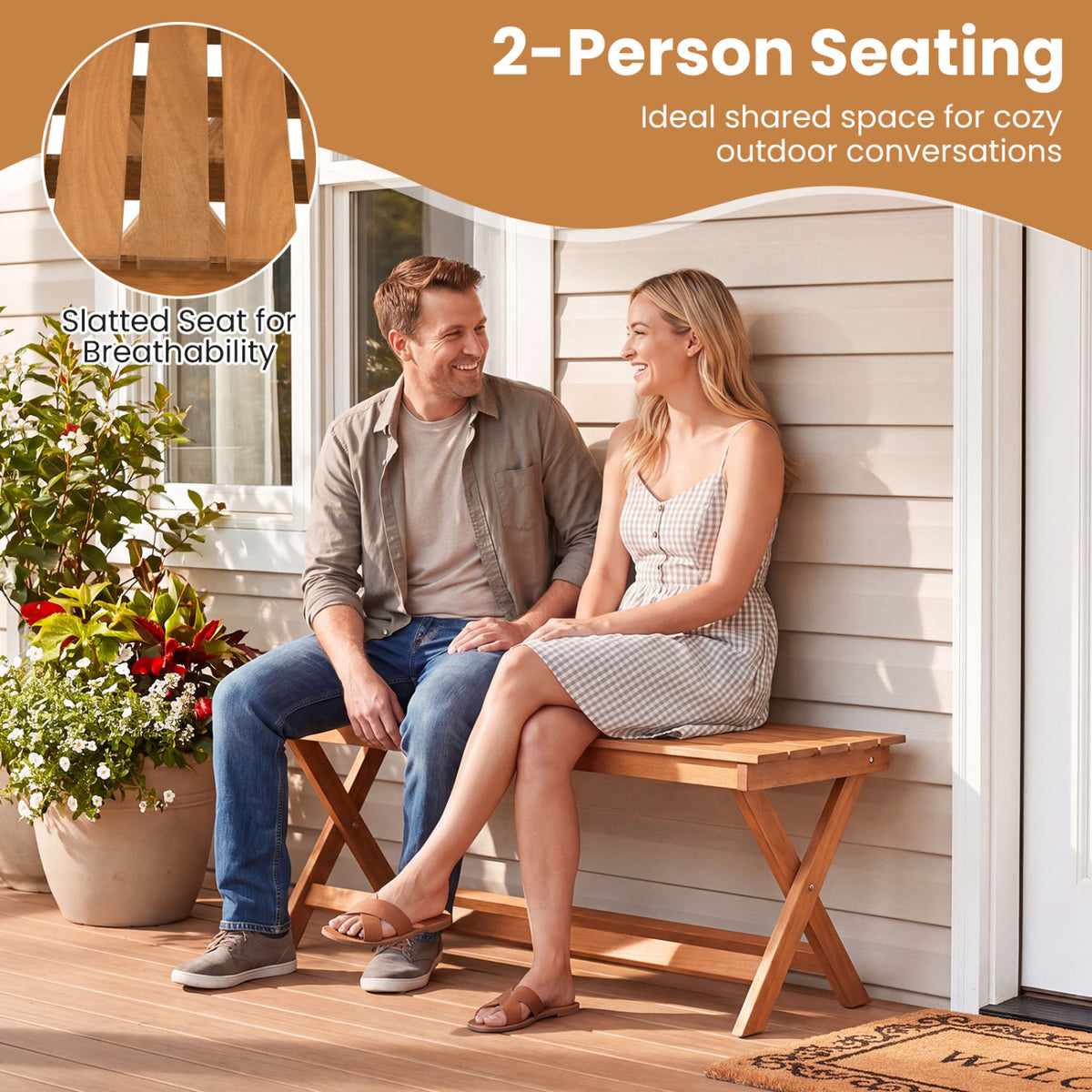 2-Seat Wooden Garden Patio Bench with X-Shaped Legs-Set of 2