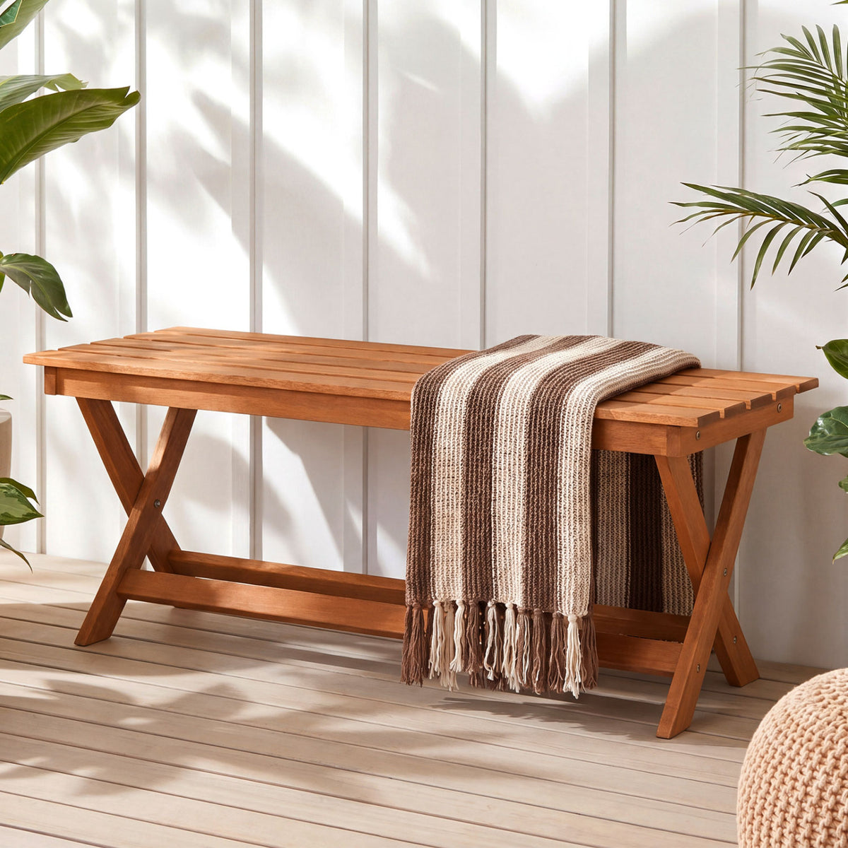 2-Seat Wooden Garden Patio Bench with X-Shaped Legs-Set of 2