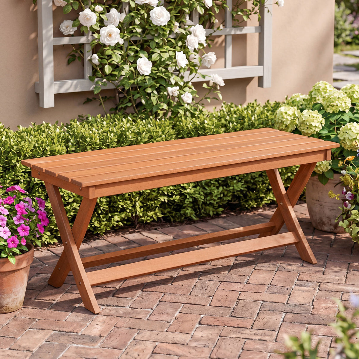 2-Seat Wooden Garden Patio Bench with X-Shaped Legs-Set of 2