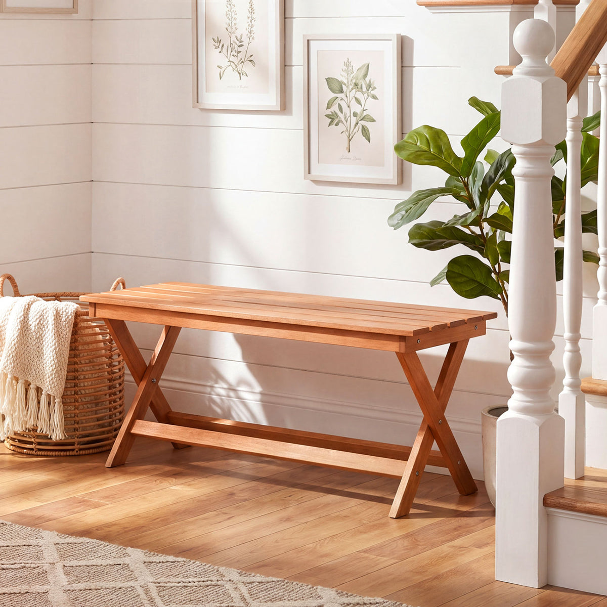 2-Seat Wooden Garden Patio Bench with X-Shaped Legs-Set of 2