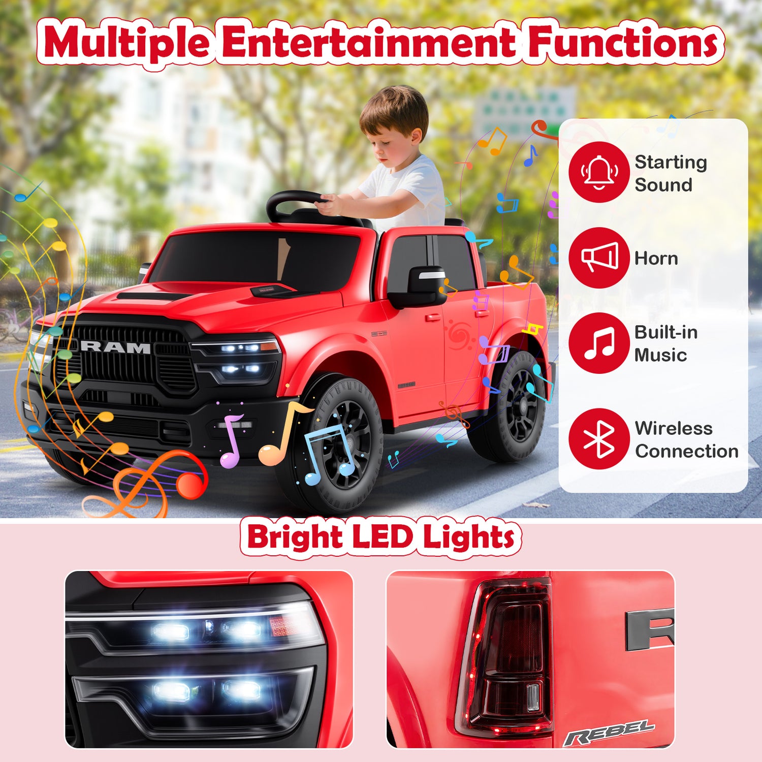 2 Seater 24V Ride on Toy for Big Kids Licensed Ram Truck with Remote and Music-Red