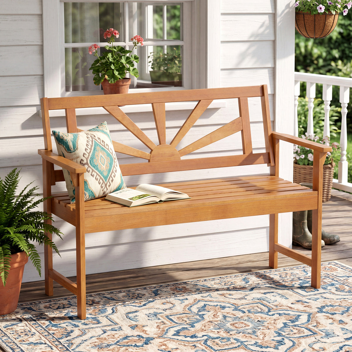 2-Seater Acacia Wood Loveseat Bench with Backrest and Armrests for Patio