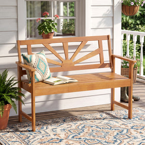 2-Seater Acacia Wood Loveseat Bench with Backrest and Armrests for Patio