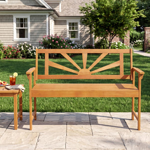 2-Seater Acacia Wood Loveseat Bench with Backrest and Armrests for Patio